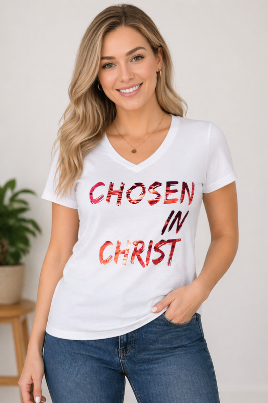 Chosen In Christ Tee - White & Metallic Red